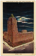 Fisher Building illuminated at night on West Grand Boulevard in Detroit, Michigan