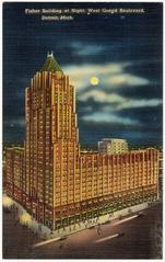 Fisher Building illuminated at night on West Grand Boulevard in Detroit Michigan