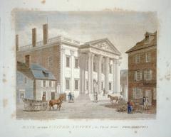 Engraving of the Bank of the United States building on Third Street in Philadelphia with hand-coloring detail