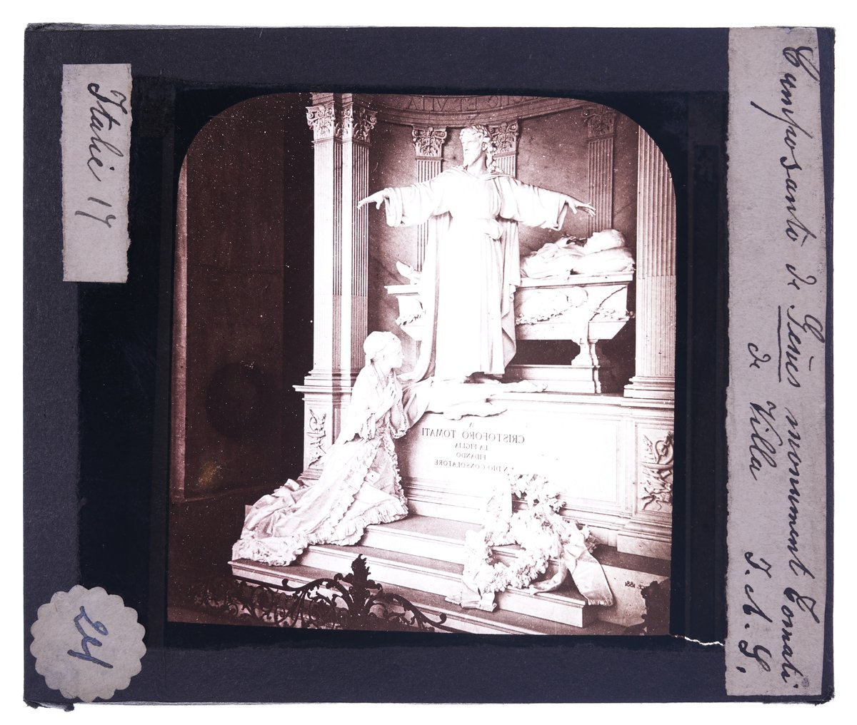 Black and white glass slide photograph of Tomati monument at Campo Santo cemetery in Genoa, Italy, from 1929 collection