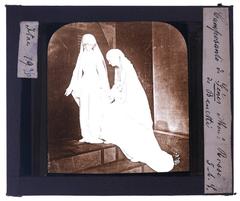 Black and white glass lantern slide of the Monument Rossi by Benetti at Campo Santo cemetery in Genoa, Italy, from a collection of 47 slides of Italian cities.