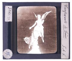 Black and white glass slide depicting a monument at Campo Santo cemetery in Genoa, Italy