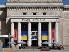Posters showing solidarity with Ukraine at the entrance of Teatr Studio in Palace of Culture and Science in Warsaw