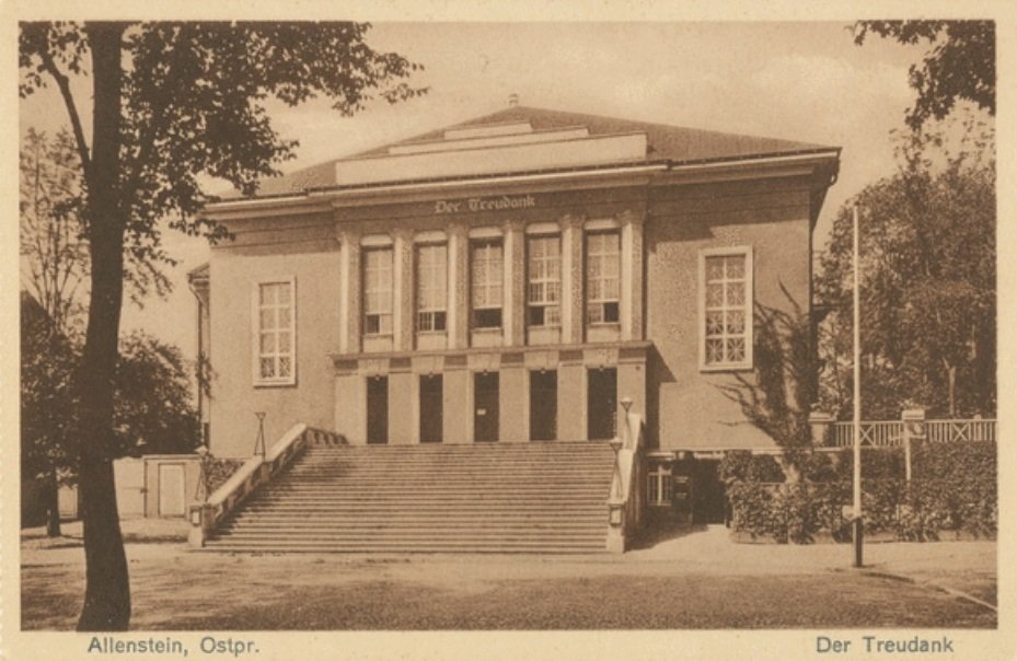 Historical Theater Der Treudank in Allenstein shown on a vintage postcard