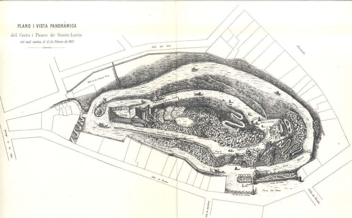 Historical map of Cerro de Santa Lucia in Santiago, Chile from 1873