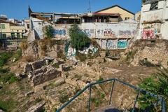 Excavation site at the north side of the Ancient Athenian Agora showing remains of the Stoa Poikile with Doric and Ionic columns