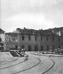 Historic view of the Royal Arsenal in Warsaw from Bielańska Street in 1945