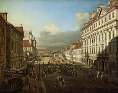 Historical street view of Długa Street in Warsaw with buildings and street activity
