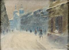 Winter scene in Warsaw with snow-covered buildings and streets
