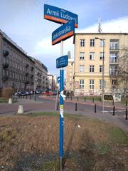 Old street signs at the corner of Mokotowska and Armii Ludowej streets in Warsaw