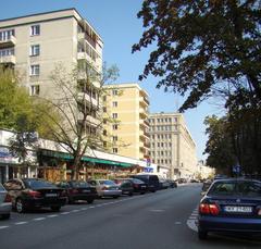 View of Żurawia Street with modern and historical buildings in Warsaw, Poland
