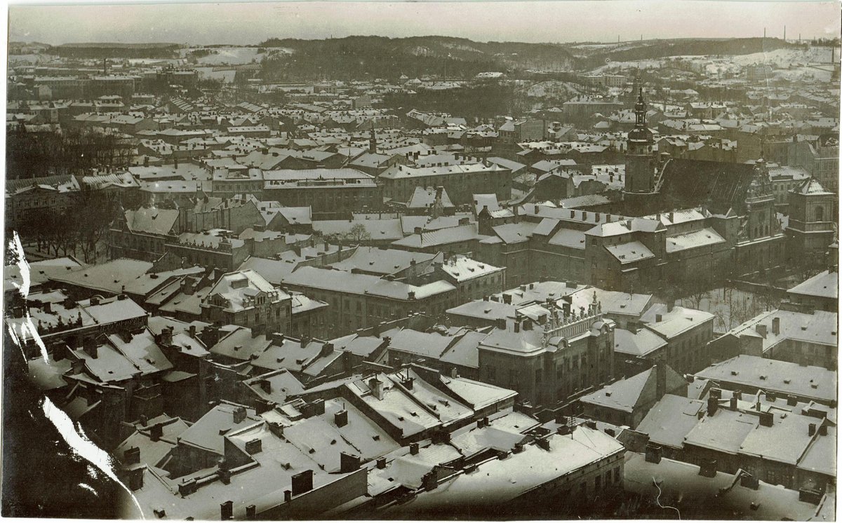 Panoramic view of Lviv during World War I showing Bernardine Monastery on the right and the Jewish quarter with the Great City Synagogue on the left