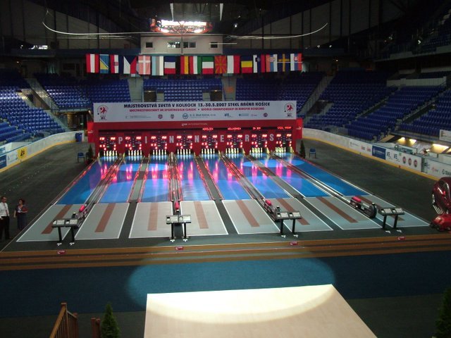 View of bowling lanes in Steel Arena during World Ninepin Bowling Championship in Košice