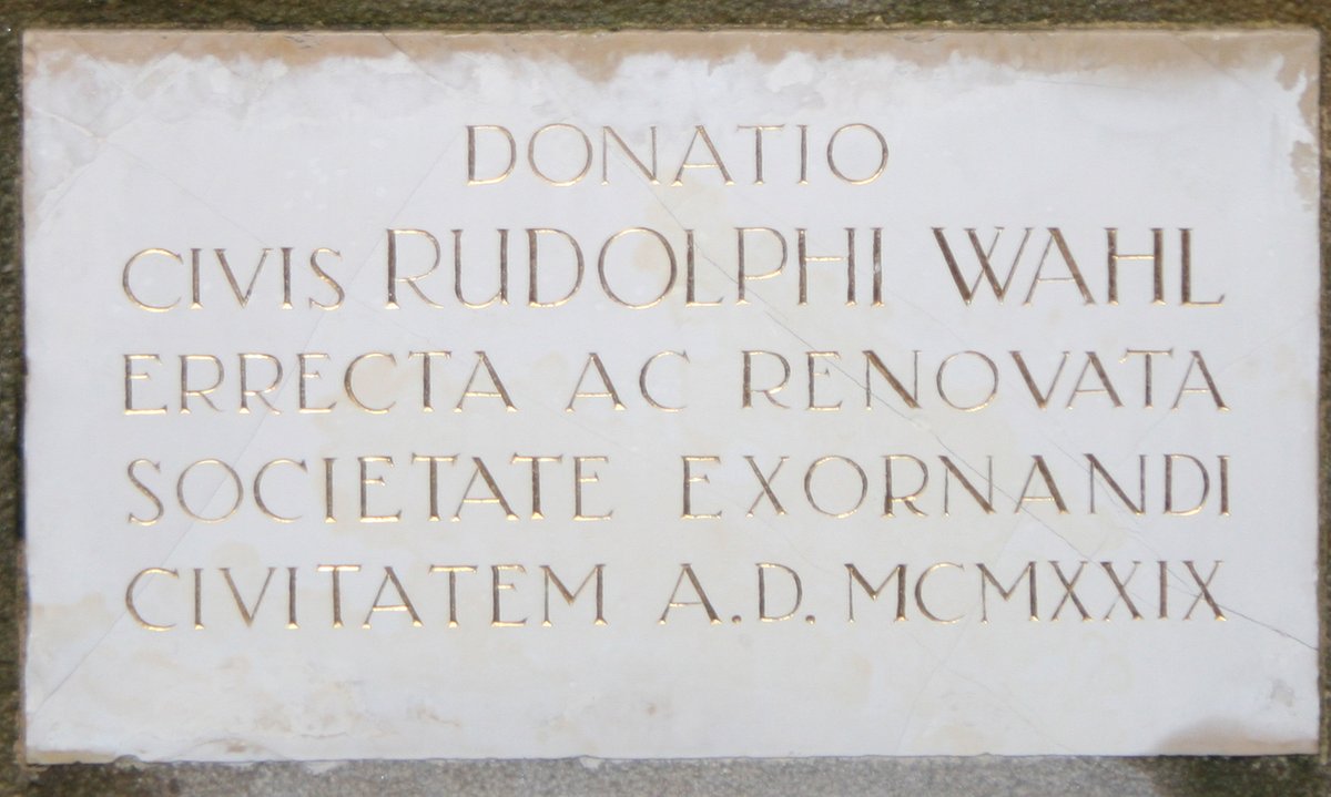 Latin inscription plaque on statue of Saint George at the Primate's Palace in Bratislava