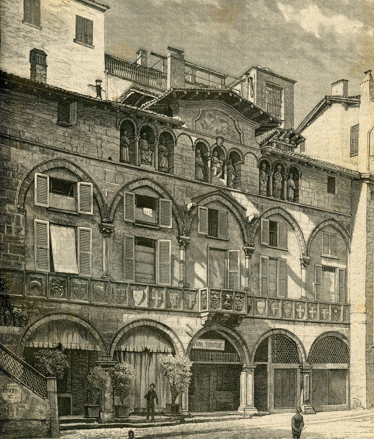 View of La Loggia degli Osii in Piazza Mercanti, Milan with historic architecture