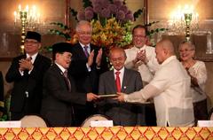 President Benigno S. Aquino III, Malaysian Prime Minister Najib Tun Razak, MILF chairman Al Haj Murad Ebrahim, OIC secretary-general Ekmeleddin Ihsanoglu and Peace Adviser Teresita Quintos-Deles witnessing the signing of the GPH-MILF Framework Agreement at Malacañan Palace in 2012