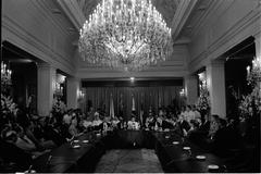 President Marcos presiding over SEATO conference meeting on Vietnam War at Malacanang Palace with US President Lyndon B. Johnson and other leaders