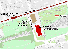 Map of central Edinburgh showing Scottish National Gallery and Royal Scottish Academy locations