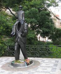 Franz Kafka monument in Prague featuring a surreal statue of Kafka riding a winged insect