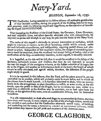 Facsimile of the 1797 invitation to the launching of the USS Constitution ship in Boston Navy Yard