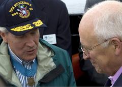 Vice President Dick Cheney meeting Congressional Medal of Honor Recipient Capt. Thomas Hudner aboard USS Constitution