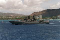 Russian guided missile destroyer Admiral Panteleyev passing Diamond Head during V-J Day parade