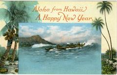 Person in colorful Hawaiian attire with a ukulele greeting Happy New Year