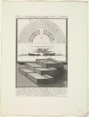 Reconstruction of the Theater of Pompey in Rome with floor plan, cross-section, and detail by Giovanni Battista Piranesi, circa 1756-1757