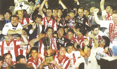 Vicenza football team celebrating Coppa Italia 1996-1997 victory on May 29, 1997 at Stadio Romeo Menti