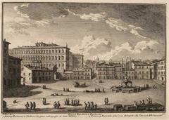Palazzo Barberini with the Obelisk, Fontana del Tritone, and the pedestal of the cross in front of Convento dei Padri Cappuccini in Piazza Barberini, Rome