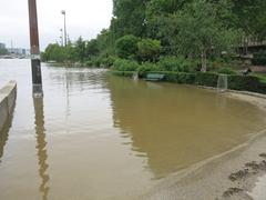 Flood in Paris at Square Tino Rossi in 2016 with submerged trees and benches
