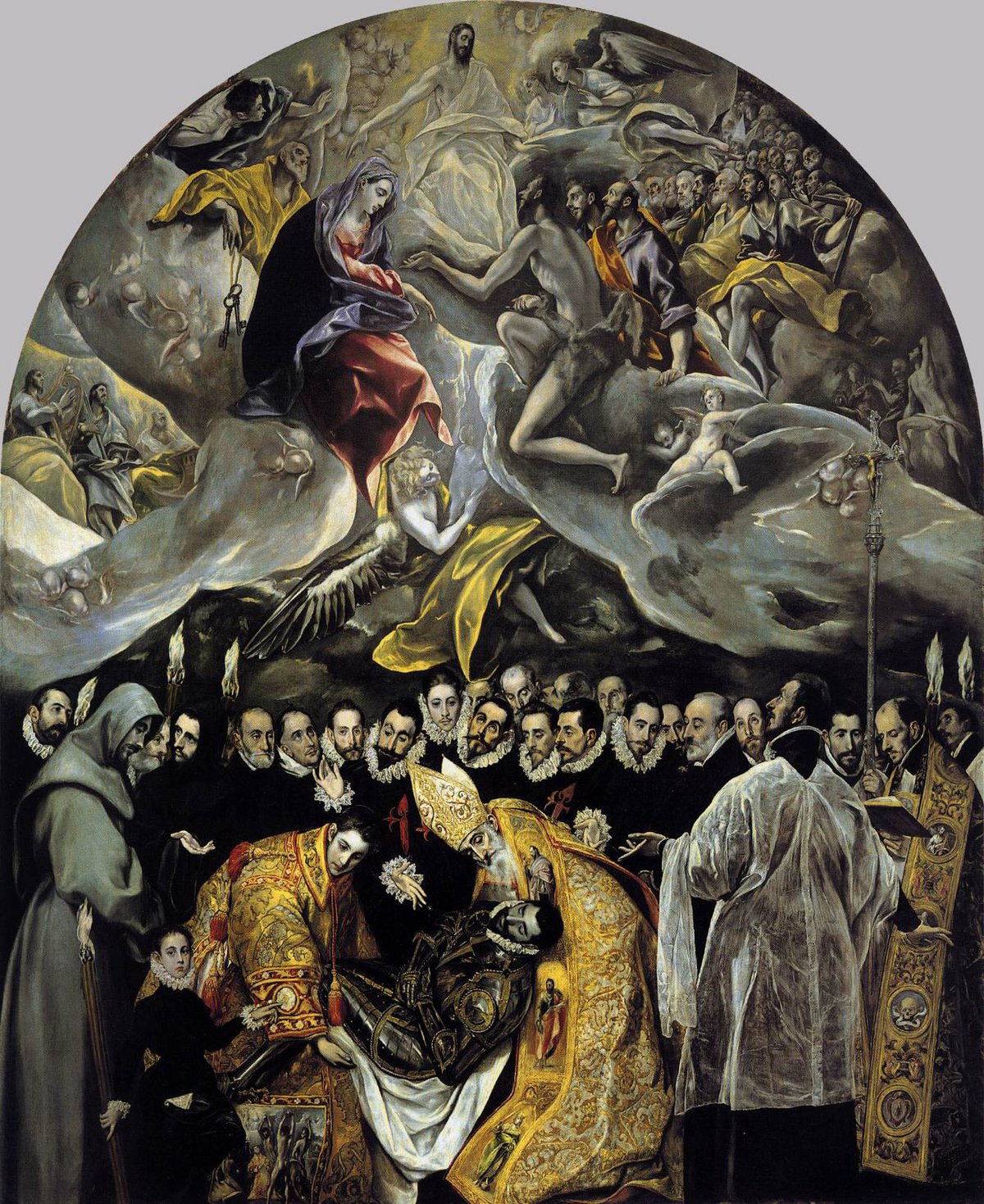 The Burial of the Count of Orgaz painting by El Greco showing a miraculous burial scene with saints and mourners in a church