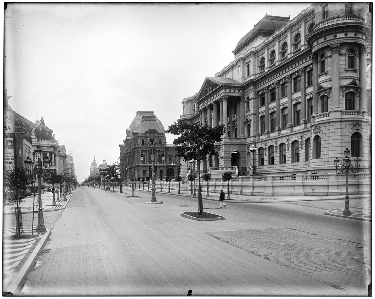 View of Avenida Central, now Avenida Rio Branco, with the National Library and National School of Fine Arts buildings on the right in Rio de Janeiro