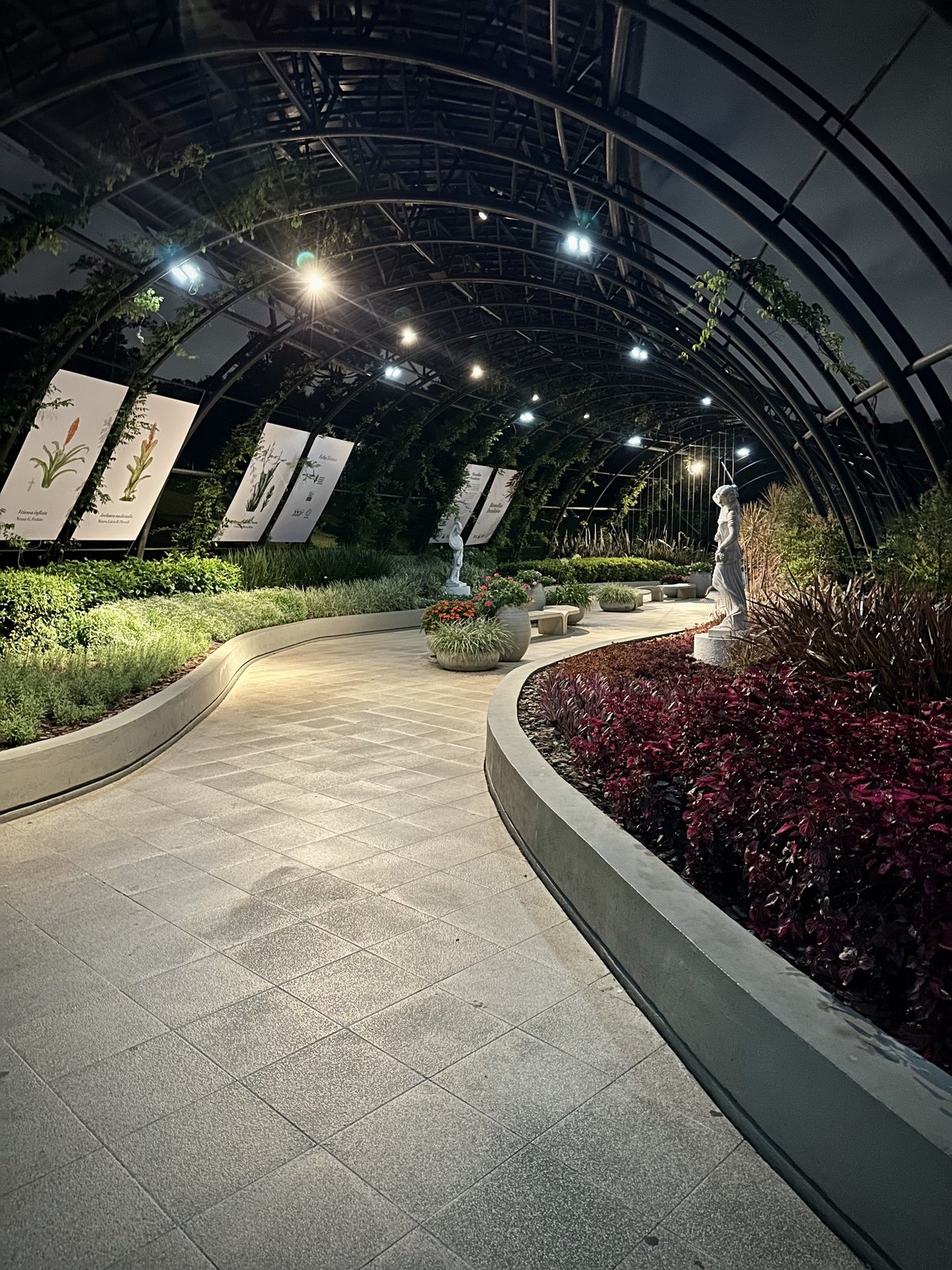 Botanical Garden of Curitiba in the evening with illuminated greenhouse and colorful flowers