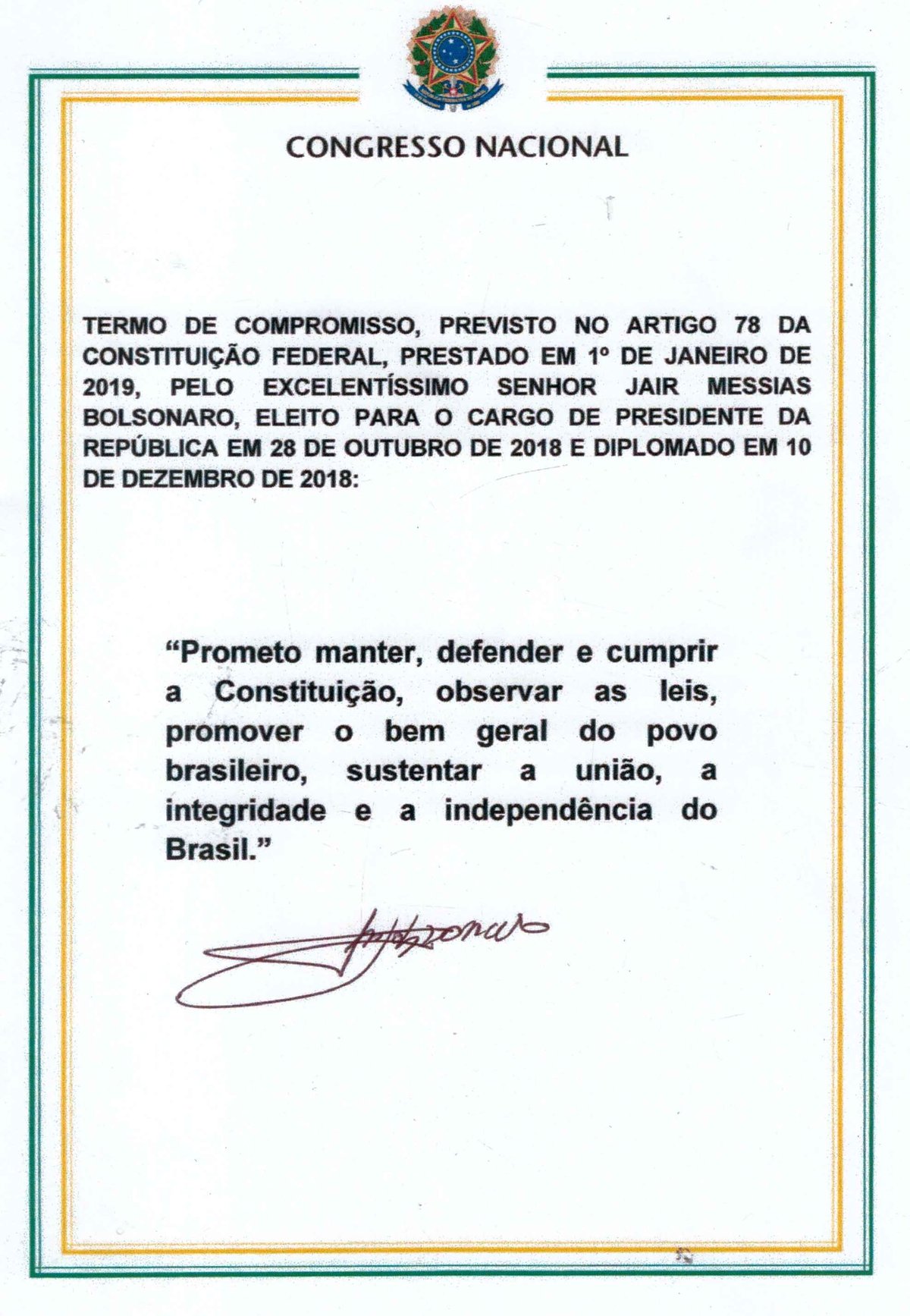 Jair Bolsonaro taking the constitutional oath as President of Brazil in 2019