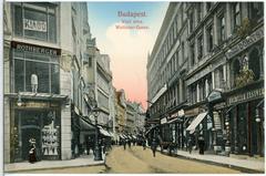 Vintage black and white photograph of Waitzner Gasse street in Budapest, 1912