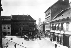 View of Váci Street looking south from present-day Március 15 Square with the Angolkisasszonyok Church in the background and Rózsa Square in the foreground, circa 1895