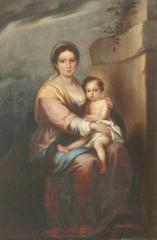Artistic depiction of Madonna and Child showing Mary holding baby Jesus