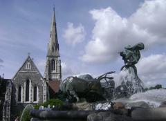 Gefion Fountain and St Albans Church in Copenhagen, Denmark