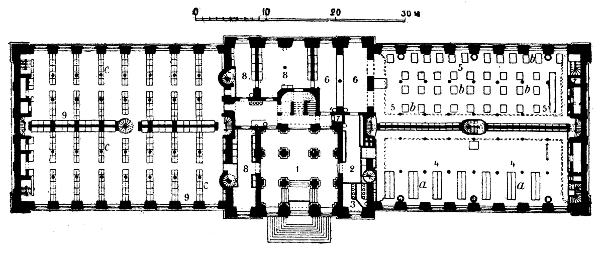 Floor plan of the ground floor in the Royal Library with labeled rooms including entrance hall, toilet, exhibition hall, reading room, lending desk, elevators, staff offices, book storage, display cases, reading tables, and bookshelves