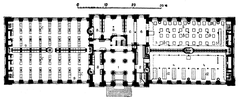 Floor plan of the ground floor in the Royal Library with labeled rooms including entrance hall, toilet, exhibition hall, reading room, lending desk, elevators, staff offices, book storage, display cases, reading tables, and bookshelves