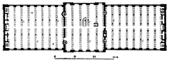 Blueprint of the upper floor layout in the Royal Library showing labeled rooms such as entrance hall, vestibule, restroom, exhibition hall, reading room, lending desk, elevators, staff office, book storage, display cases, reading tables, and bookshelves