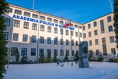 Main building of the Police Academy in Szczytno during winter