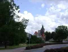View of Szczytno town in Poland with historic buildings and greenery