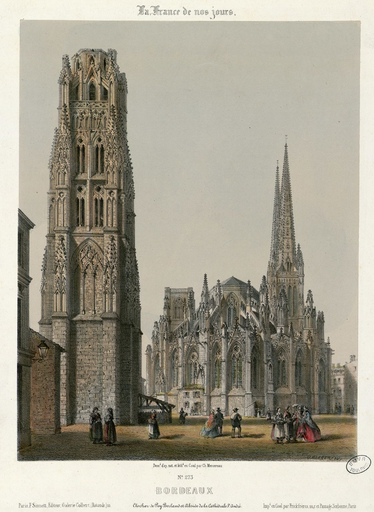 Pey Berland Bell Tower and Apse of Saint-André Cathedral in Bordeaux lithograph from 1853-1876 series