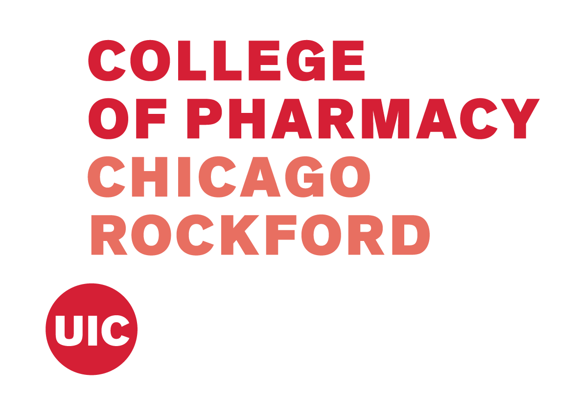 Official logo of the UIC College of Pharmacy featuring a red mortar and pestle with academic symbols