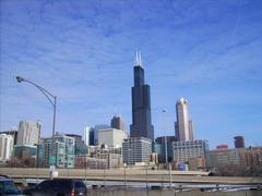 Downtown Chicago skyline with Sears Tower viewed from University of Illinois at Chicago east campus