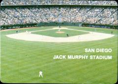 1985 Mother's Cookies San Diego Padres trading card checklist #28 with interior photo of San Diego Jack Murphy Stadium during baseball game