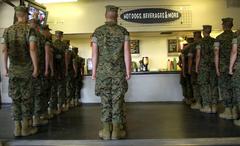 United States Marine Corps recruits standing in line to order refreshments at Qualcomm Stadium