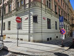 Pražská Resslova street with surrounding buildings and urban elements